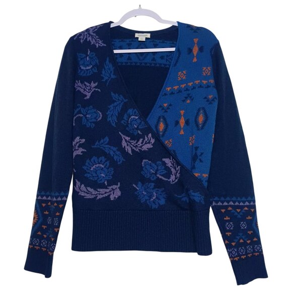 Sundance Galaxy Delight Surplice Sweater S Blue Merino Wool Blend Faux Wrap - Picture 2 of 8